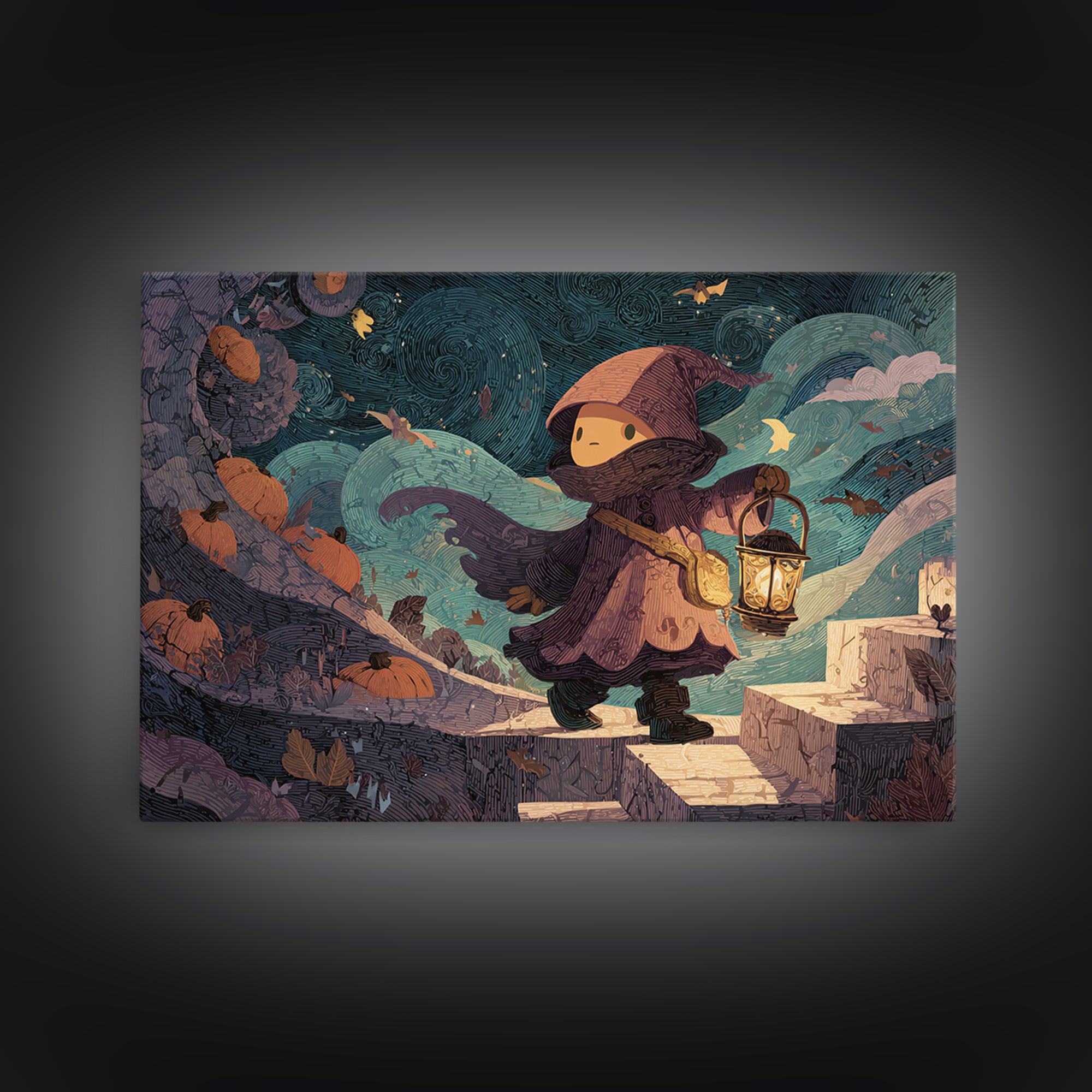The Lantern-Bearer Of R’Lyeh, Linocut Halloween Art, Landscape Wall Art, Framed Canvas Print, Cute Halloween Wall Art