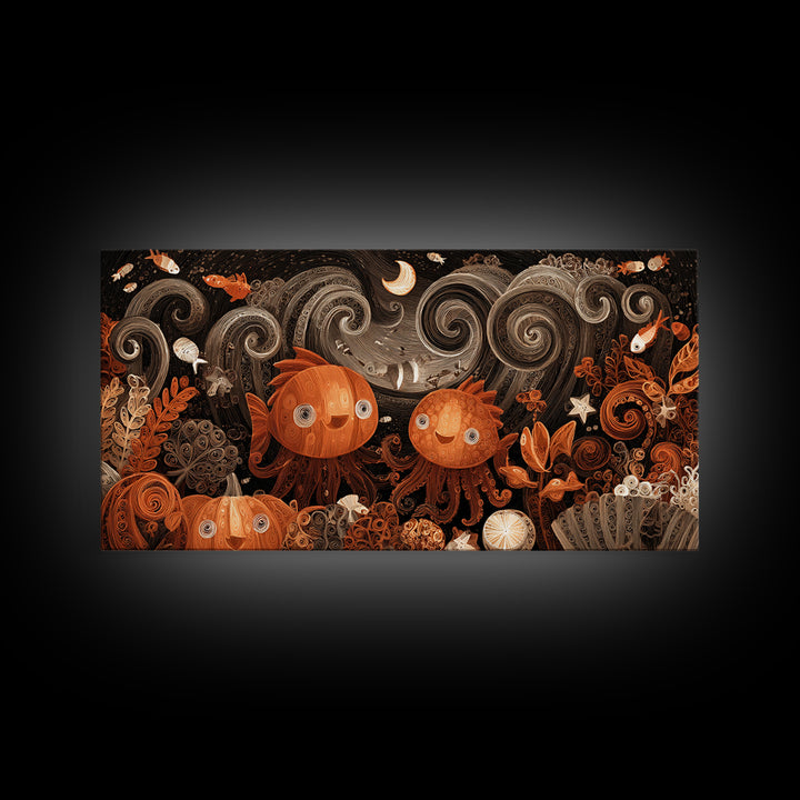 The Choir Of Deepwater Acolytes, Quilled Halloween Art, Wide Panoramic Art, Framed Canvas Print, Cute Halloween Wall Art