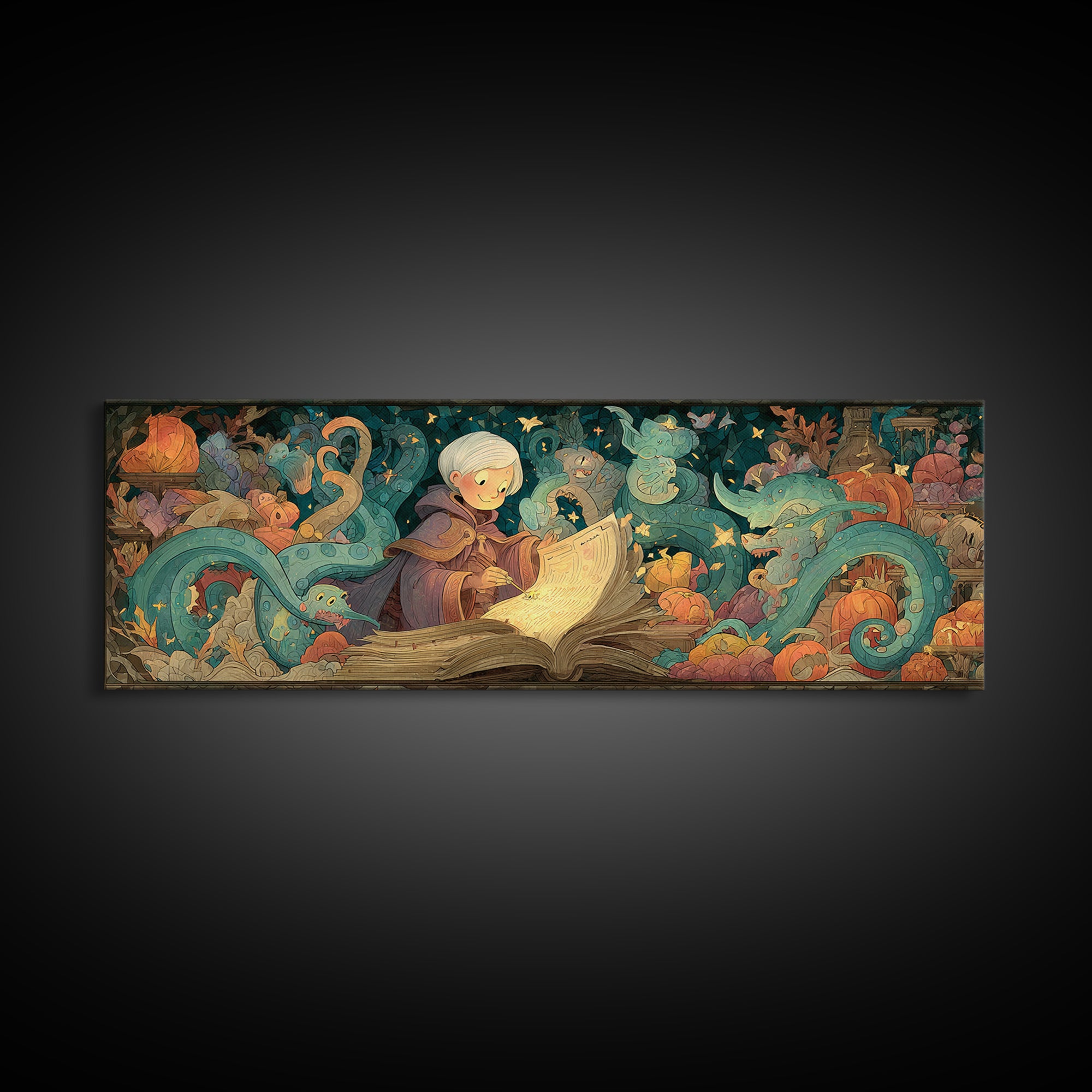 The Librarian Of Forbidden Tides, Stained Glass Halloween, Extra Wide Wall Art, Canvas Print, Cute Halloween Wall Art