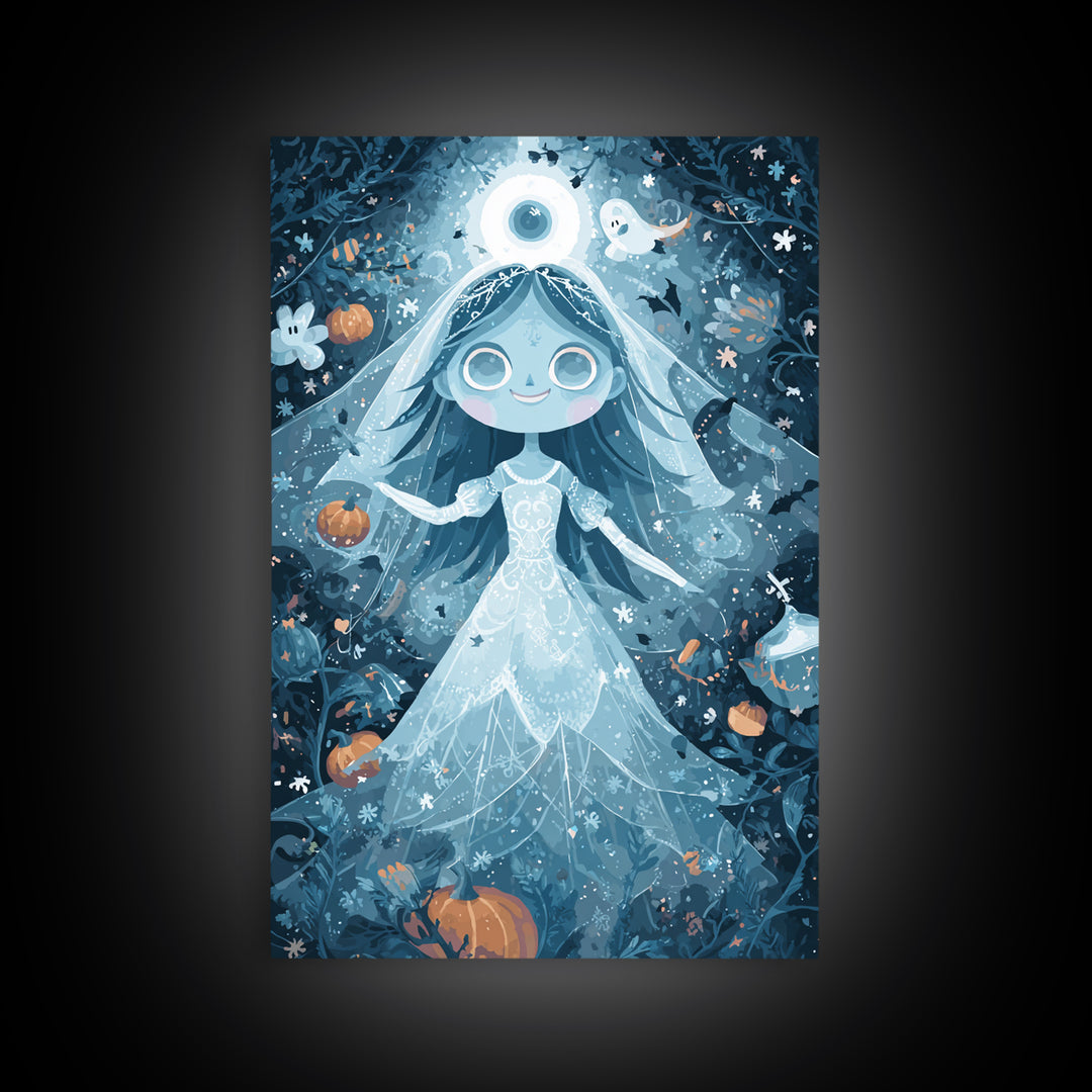 The Bride Of The Abyssal Moon, Pixel Halloween Art, Vertical Wall Art, Canvas Print, Cute Halloween Wall Art