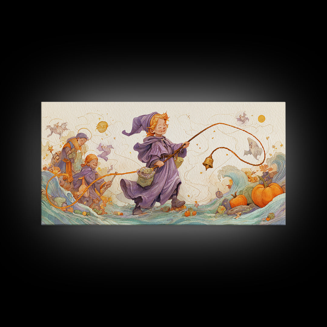 The Bellringer Of The Sunken Cathedral, Watercolor Halloween Art, Wide Panoramic Art, Framed Canvas Print, Cute Halloween Wall Art