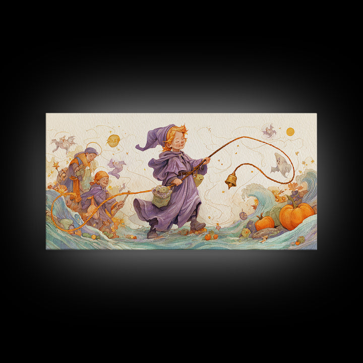 The Bellringer Of The Sunken Cathedral, Watercolor Halloween Art, Wide Panoramic Art, Framed Canvas Print, Cute Halloween Wall Art