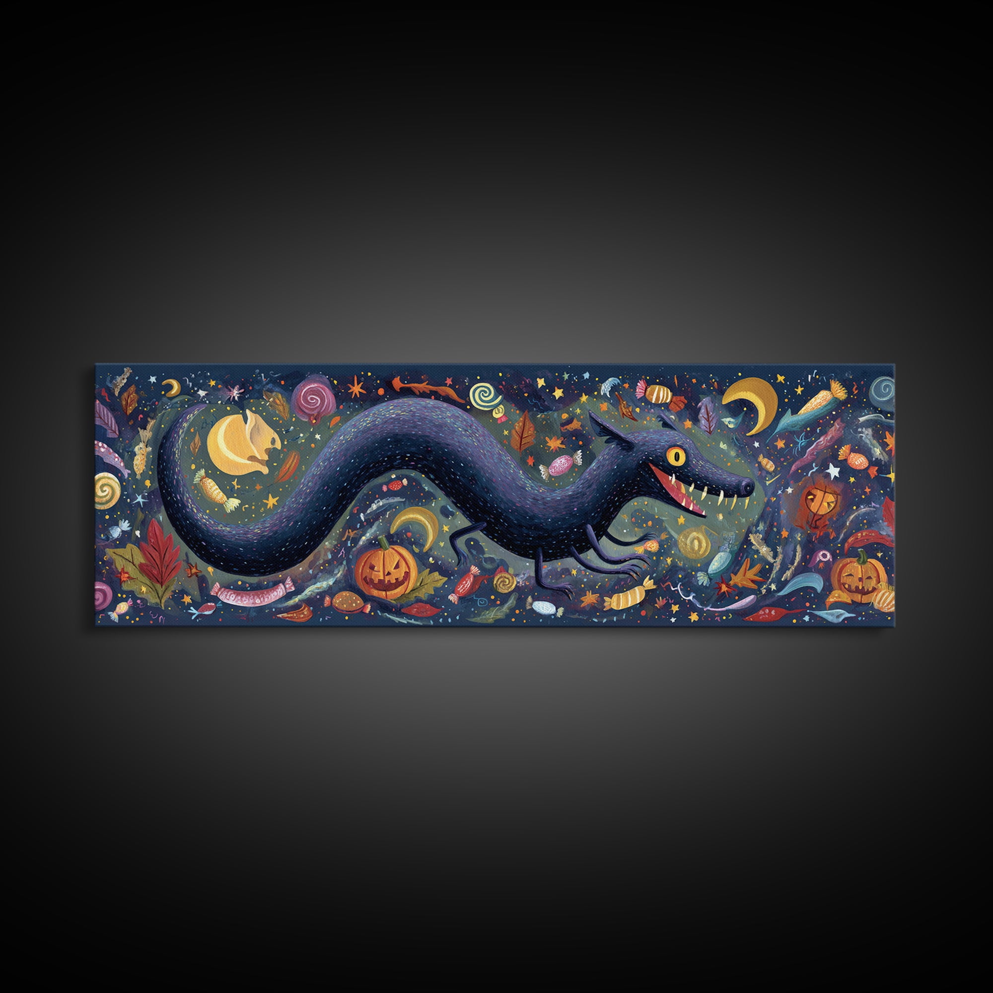 The Crawler Beneath The Floor Of Stars, Gouache Halloween Art, Extra Wide Wall Art, Canvas Print, Cute Halloween Wall Art