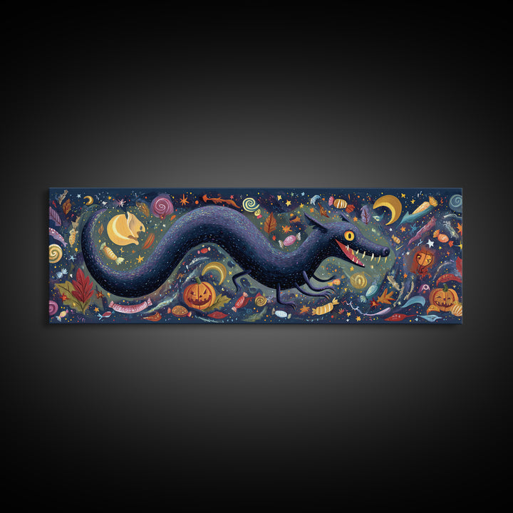 The Crawler Beneath The Floor Of Stars, Gouache Halloween Art, Extra Wide Wall Art, Canvas Print, Cute Halloween Wall Art