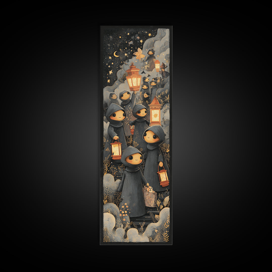 The Innsmouth Lantern Procession, Crayon Halloween Art, Tall Narrow Wall Art, Framed Canvas Print, Cute Halloween Wall Art