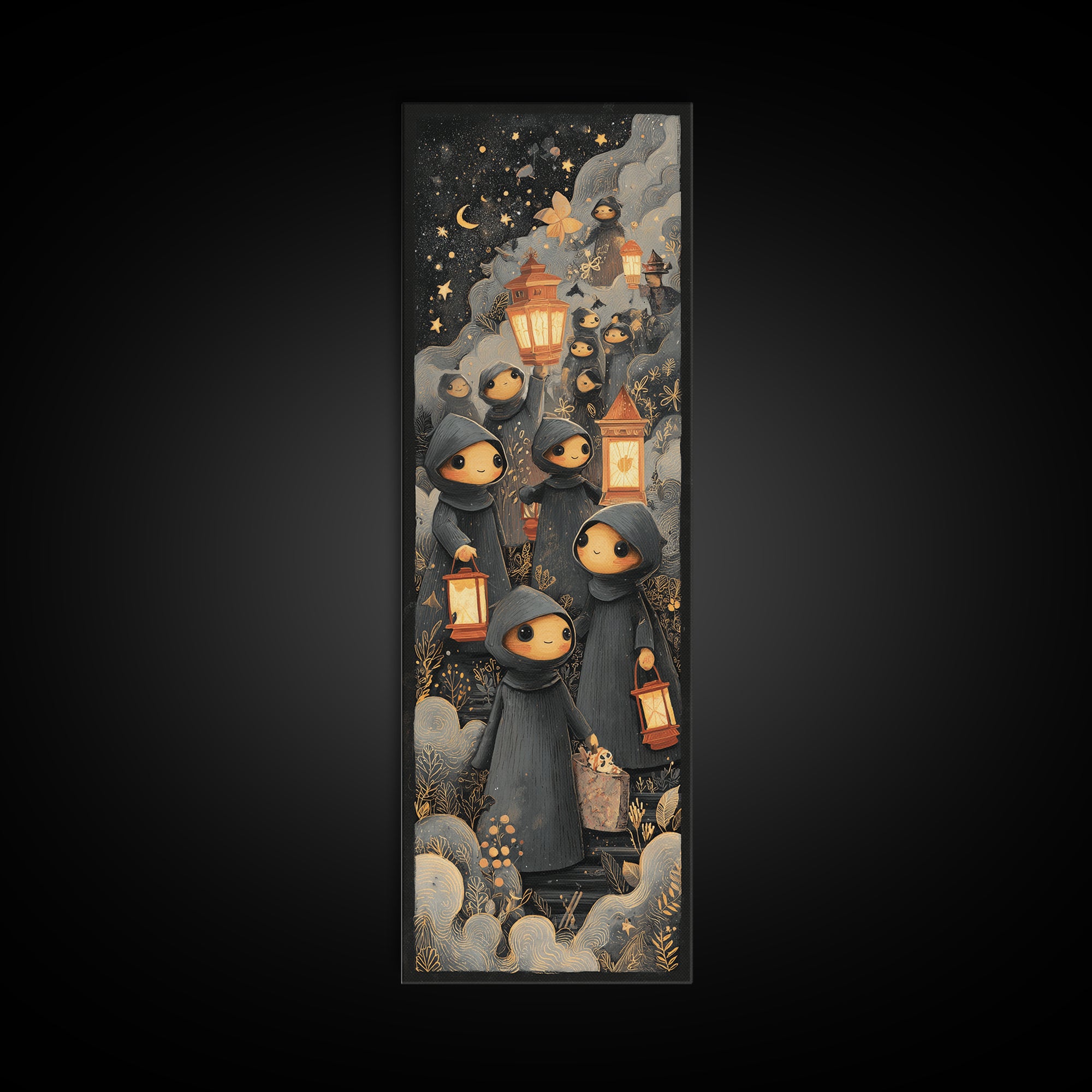 The Innsmouth Lantern Procession, Crayon Halloween Art, Tall Narrow Wall Art, Framed Canvas Print, Cute Halloween Wall Art