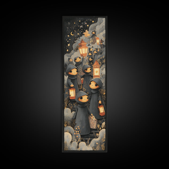 The Innsmouth Lantern Procession, Crayon Halloween Art, Tall Narrow Wall Art, Framed Canvas Print, Cute Halloween Wall Art