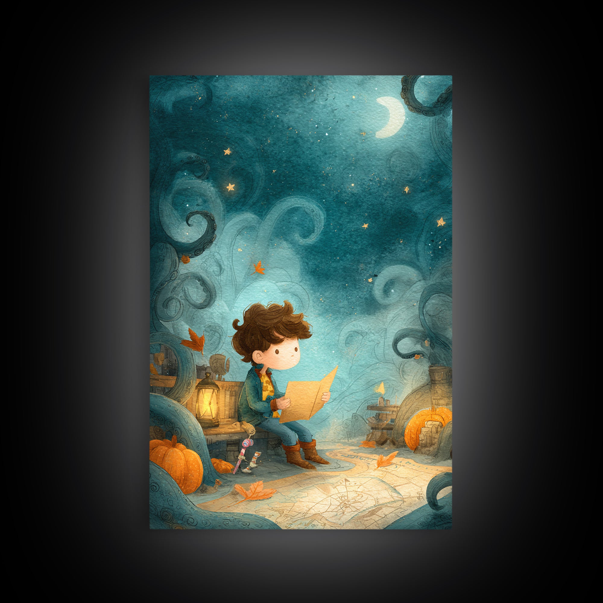 The Mapmaker Of Impossible Shores, Pastel Halloween Art, Vertical Wall Art, Canvas Print, Cute Halloween Wall Art