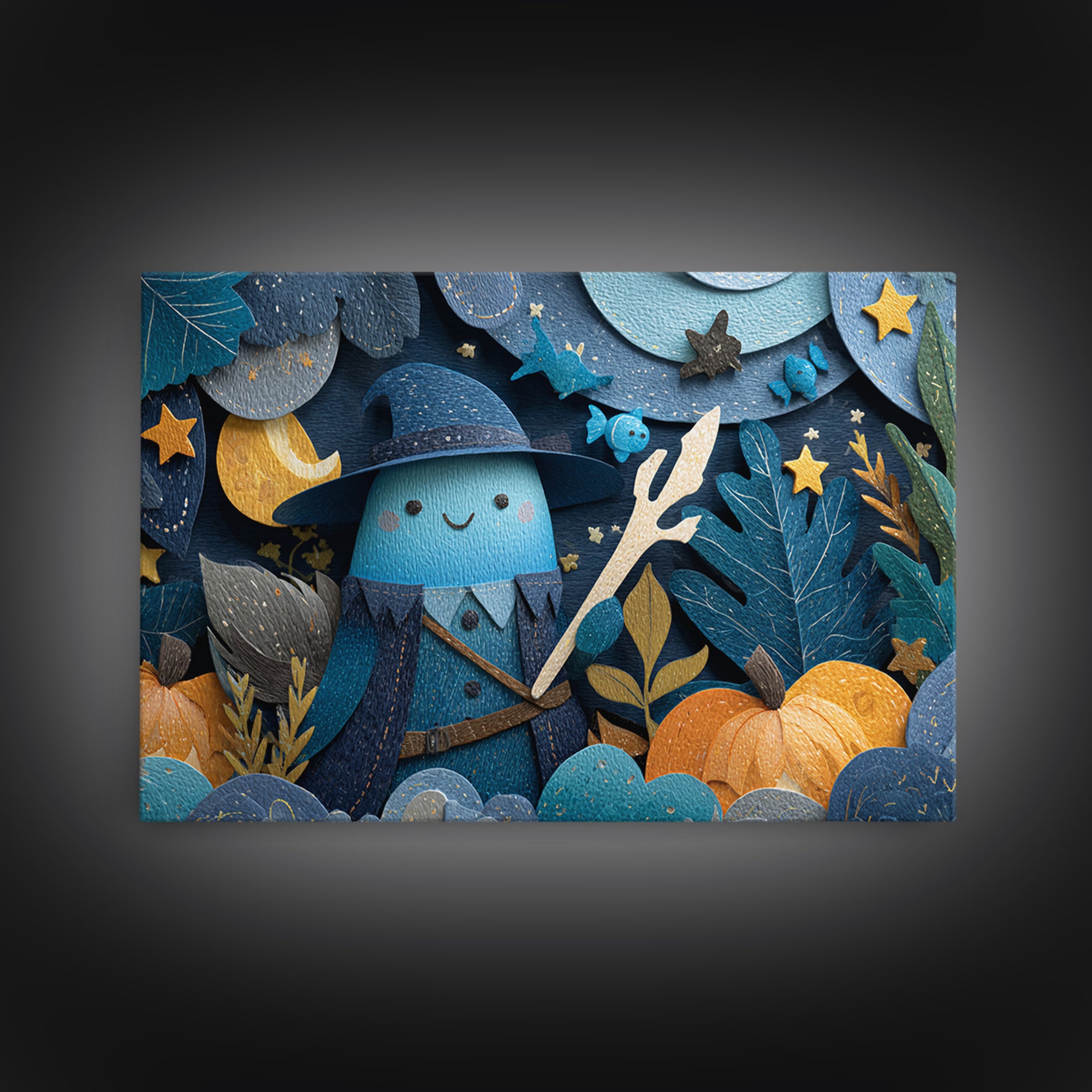 The Keeper Of The Black Reef Key, Paper Collage Halloween, Landscape Wall Art, Framed Canvas Print, Cute Halloween Wall Art