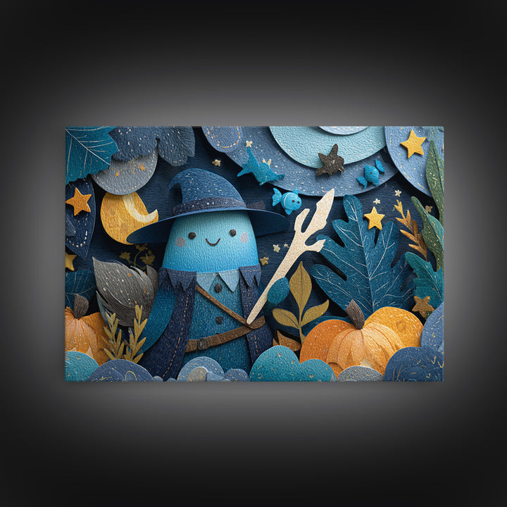 The Keeper Of The Black Reef Key, Paper Collage Halloween, Landscape Wall Art, Framed Canvas Print, Cute Halloween Wall Art