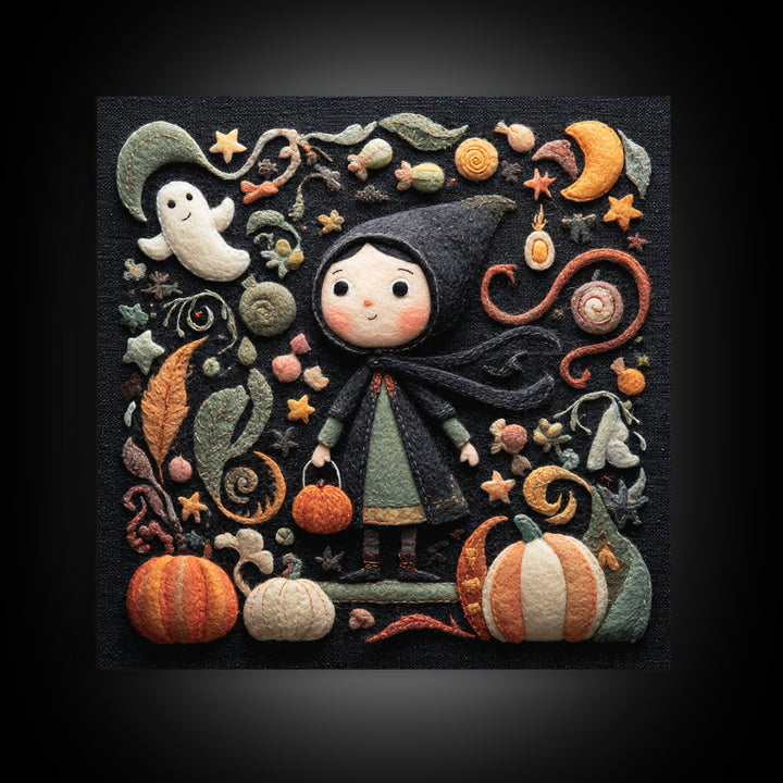The Widow Of The Whispering Comet, Felt Halloween Art, Square Wall Art, Canvas Print, Cute Halloween Wall Art
