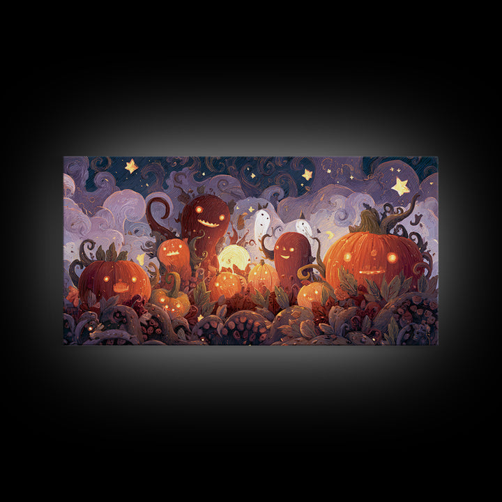 The Harvest Of The Eldritch Field, Clay Halloween Art, Wide Panoramic Art, Framed Canvas Print, Cute Halloween Wall Art