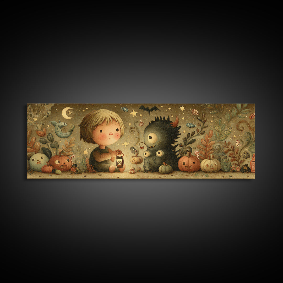 The Child Who Caught A Moon-Spawn, Plush Halloween Art, Extra Wide Wall Art, Canvas Print, Cute Halloween Wall Art