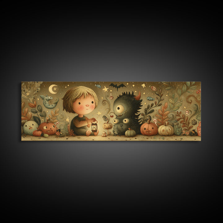 The Child Who Caught A Moon-Spawn, Plush Halloween Art, Extra Wide Wall Art, Canvas Print, Cute Halloween Wall Art