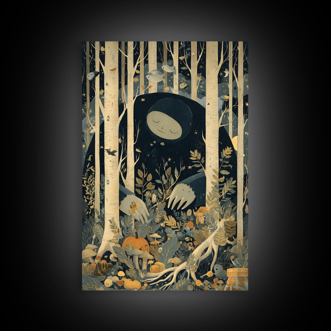 The Sleeper In The Birch Grove, Retro Halloween Art, Vertical Wall Art, Canvas Print, Cute Halloween Wall Art