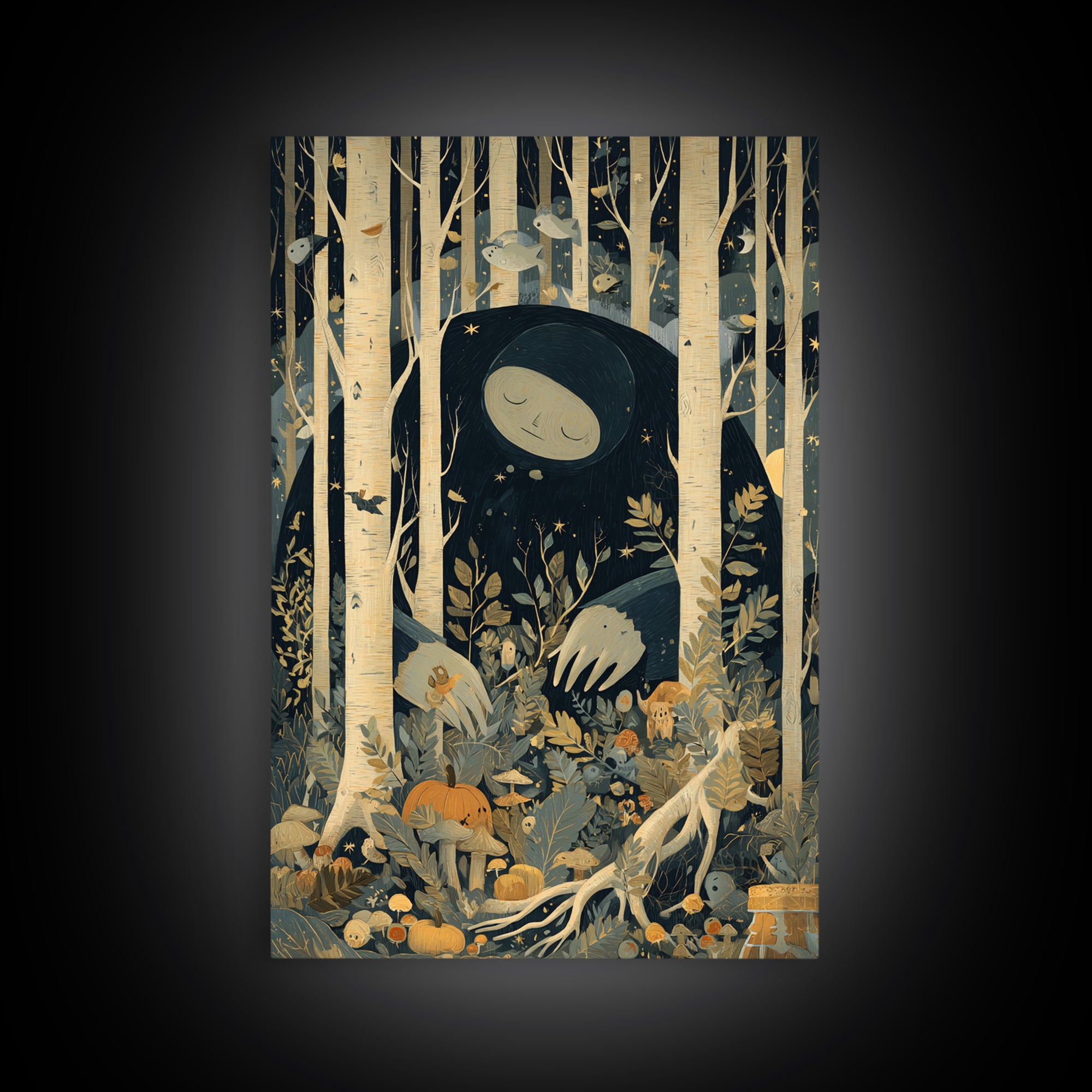 The Sleeper In The Birch Grove, Retro Halloween Art, Vertical Wall Art, Canvas Print, Cute Halloween Wall Art