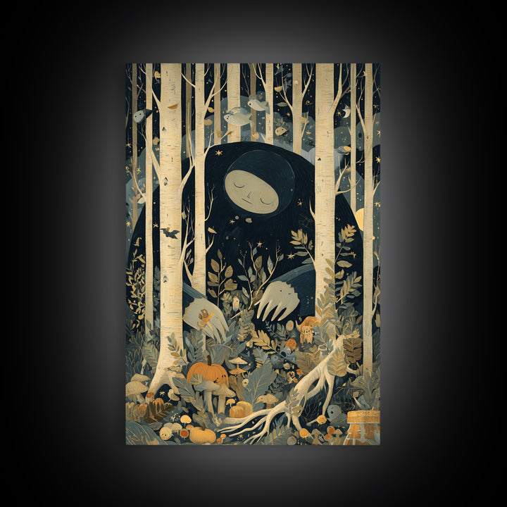 The Sleeper In The Birch Grove, Retro Halloween Art, Vertical Wall Art, Canvas Print, Cute Halloween Wall Art