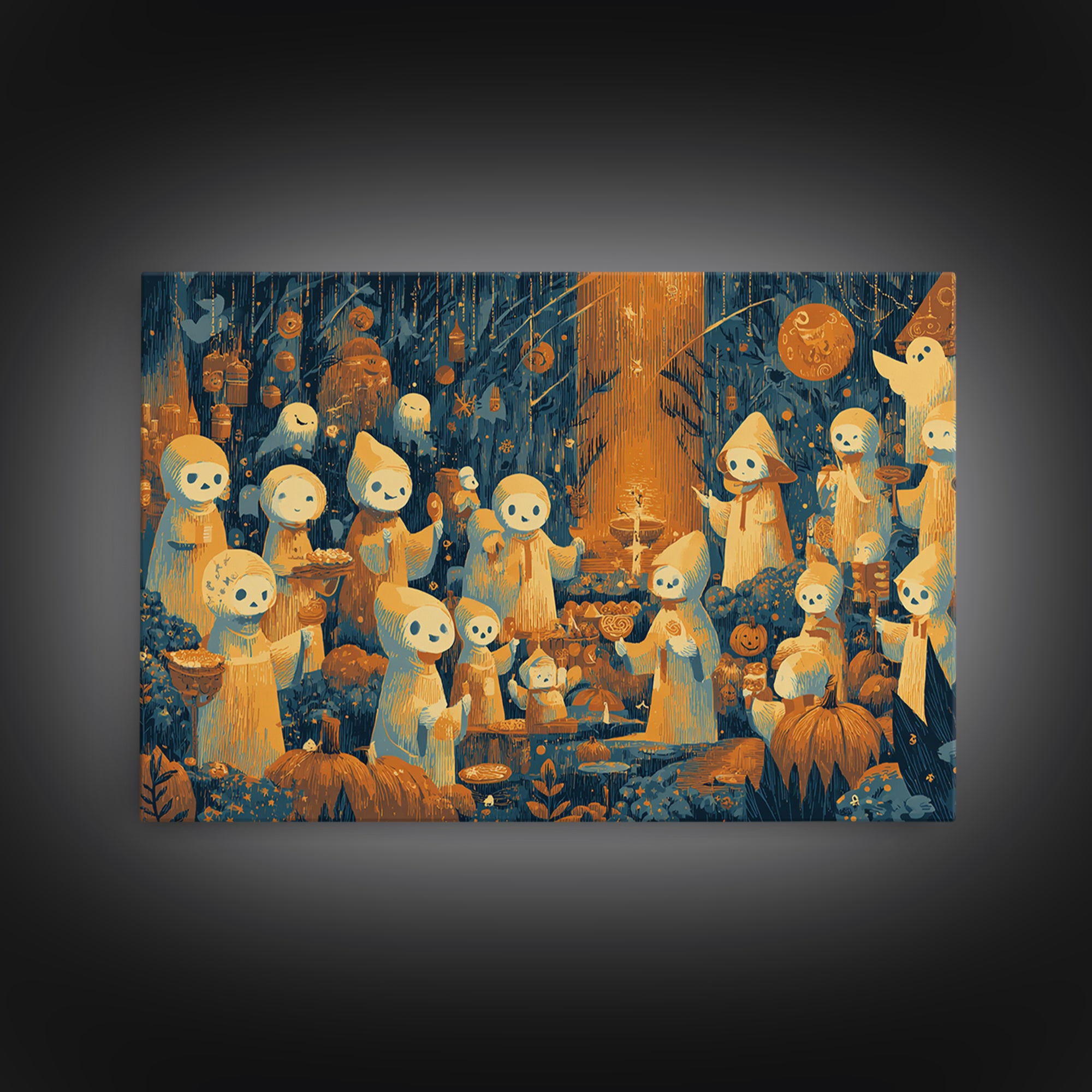 The Feast Of The Pale Cult, Screenprint Halloween Art, Landscape Wall Art, Framed Canvas Print, Cute Halloween Wall Art