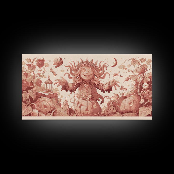 The Crown Of The Tentacled Saint, Linocut Halloween Art, Wide Panoramic Art, Framed Canvas Print, Cute Halloween Wall Art