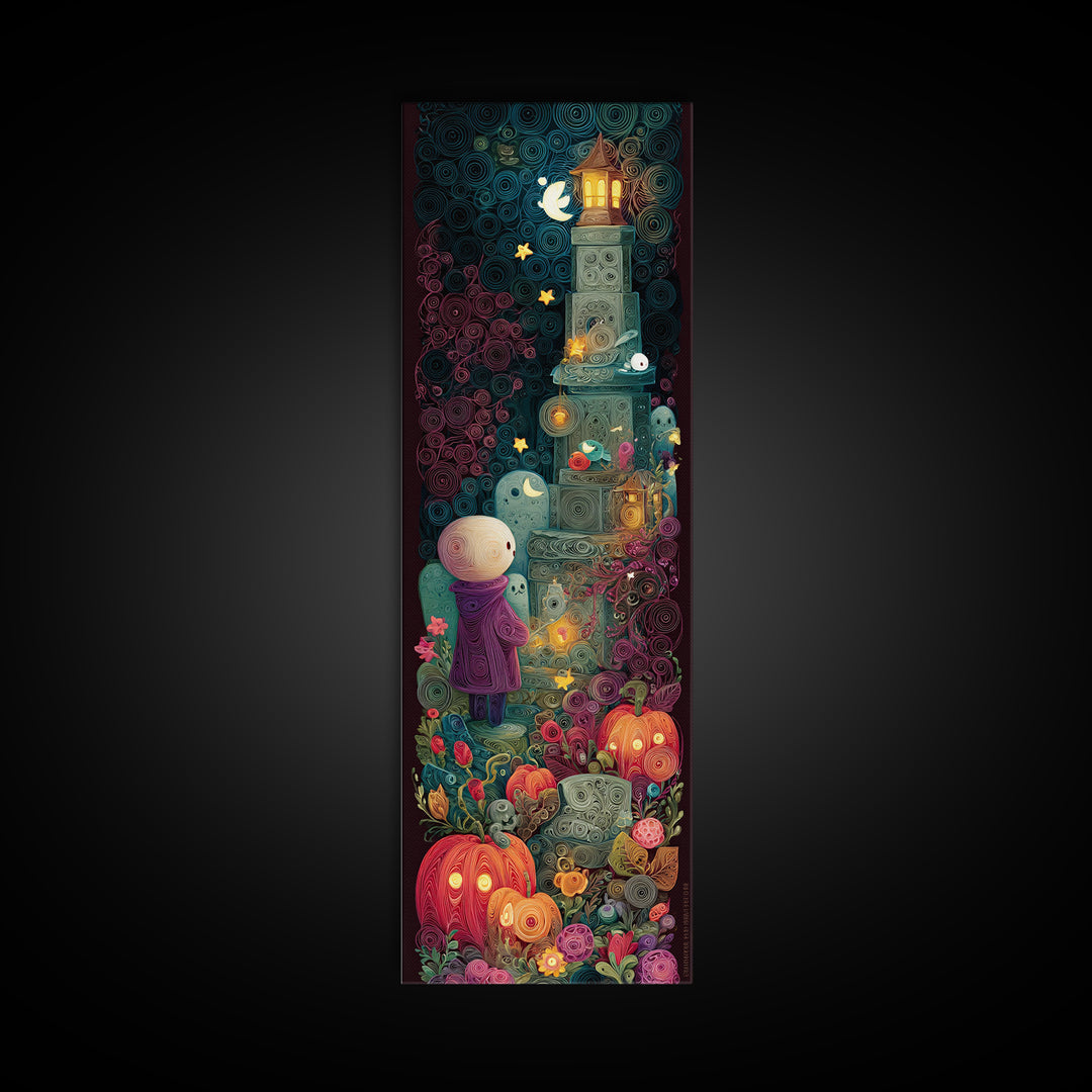 The Grave Gardener Of Yuggoth, Quilled Halloween Art, Tall Narrow Wall Art, Framed Canvas Print, Cute Halloween Wall Art