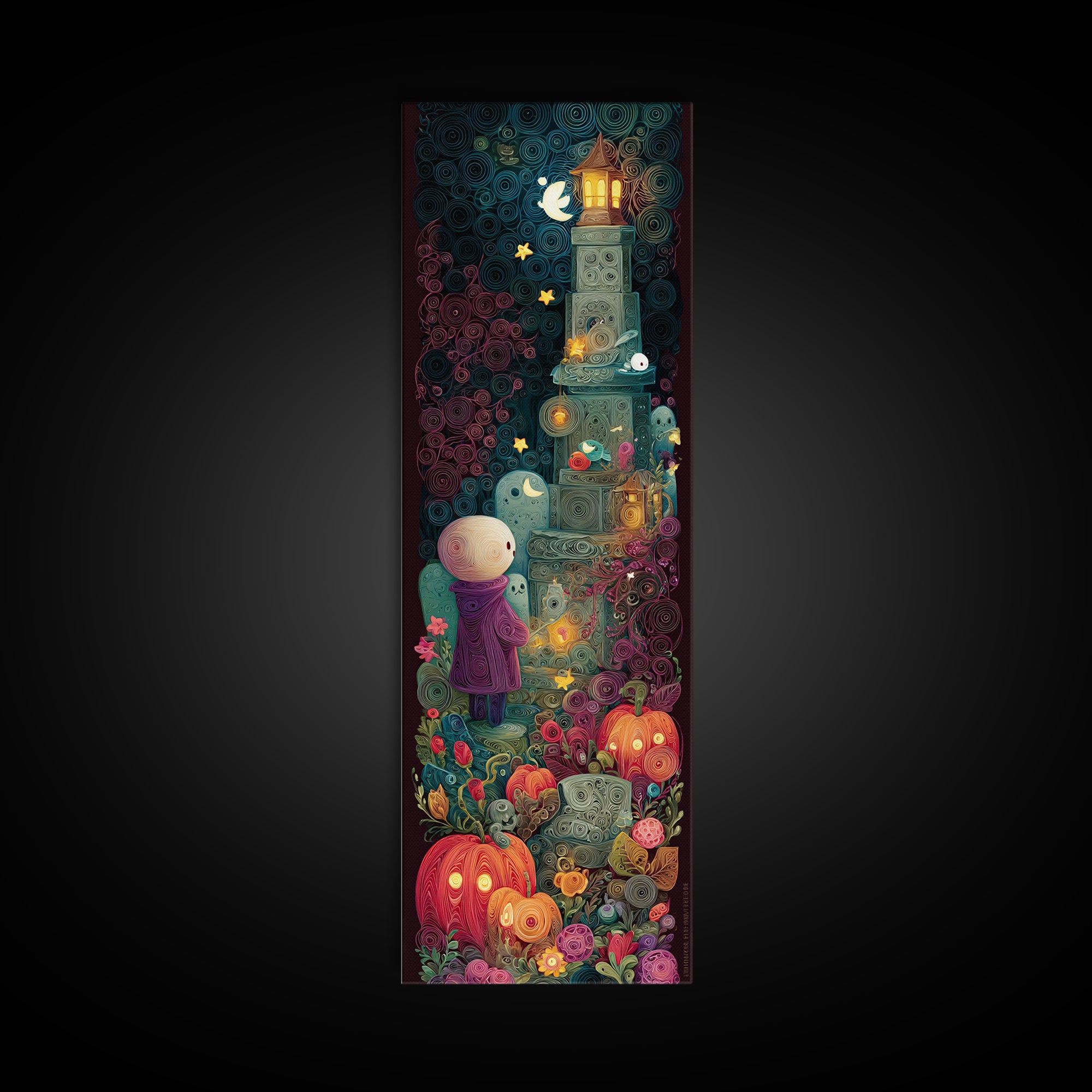 The Grave Gardener Of Yuggoth, Quilled Halloween Art, Tall Narrow Wall Art, Framed Canvas Print, Cute Halloween Wall Art