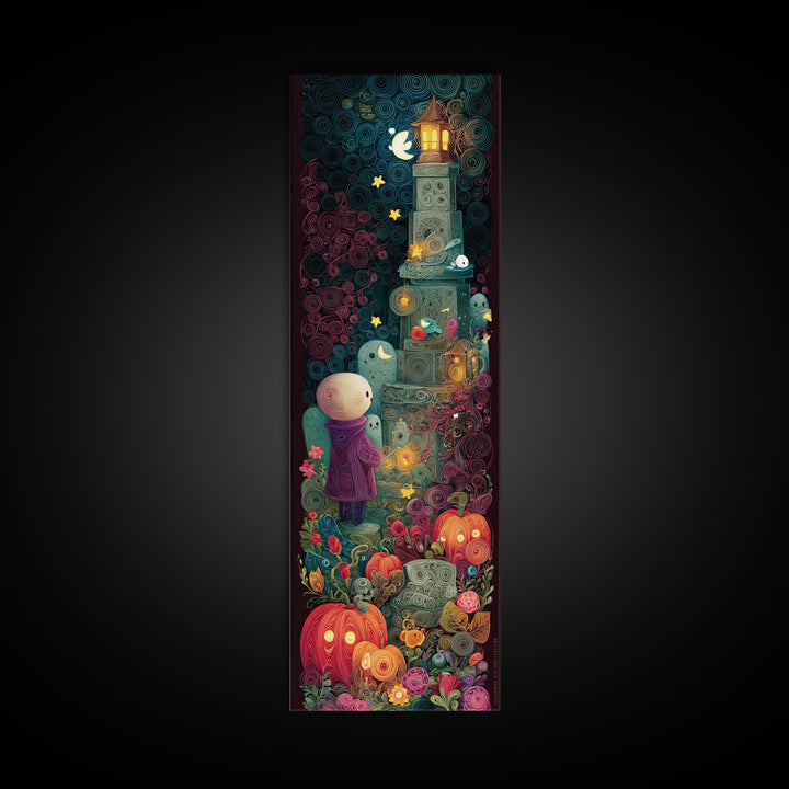 The Grave Gardener Of Yuggoth, Quilled Halloween Art, Tall Narrow Wall Art, Framed Canvas Print, Cute Halloween Wall Art