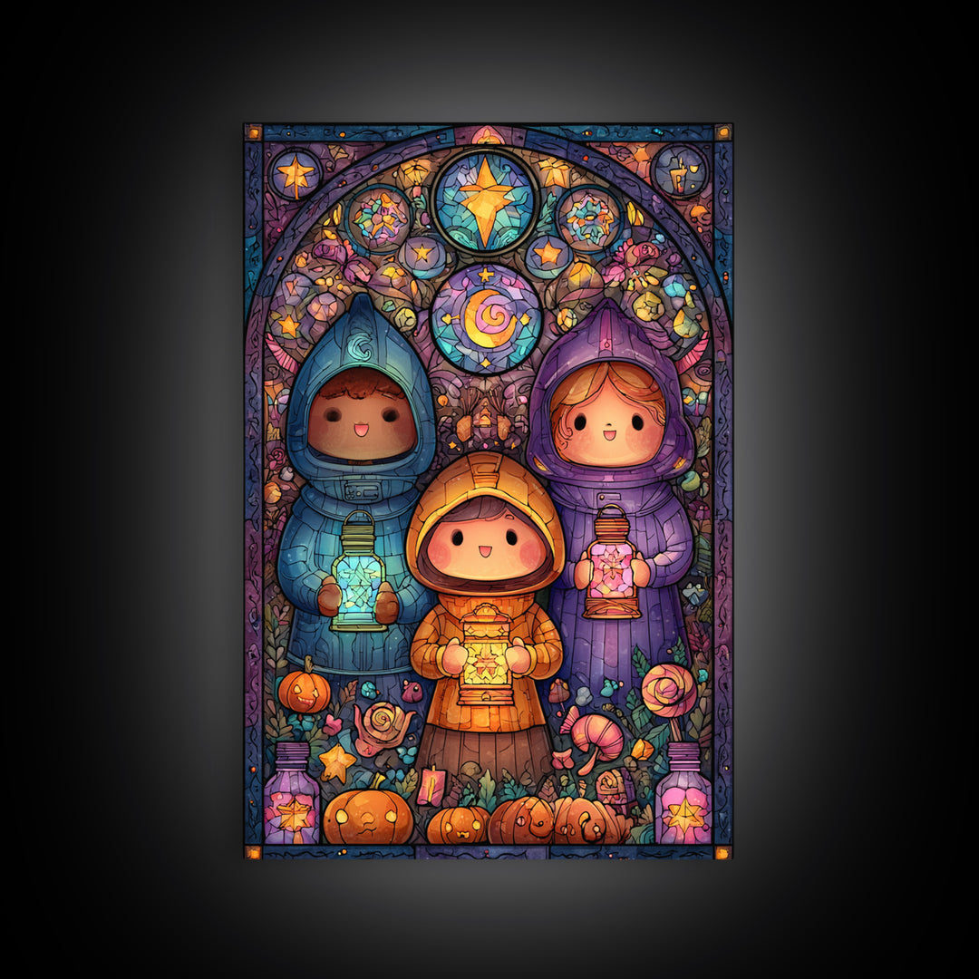 The Lantern Market Beyond The Veil, Stained Glass Halloween, Vertical Wall Art, Canvas Print, Cute Halloween Wall Art