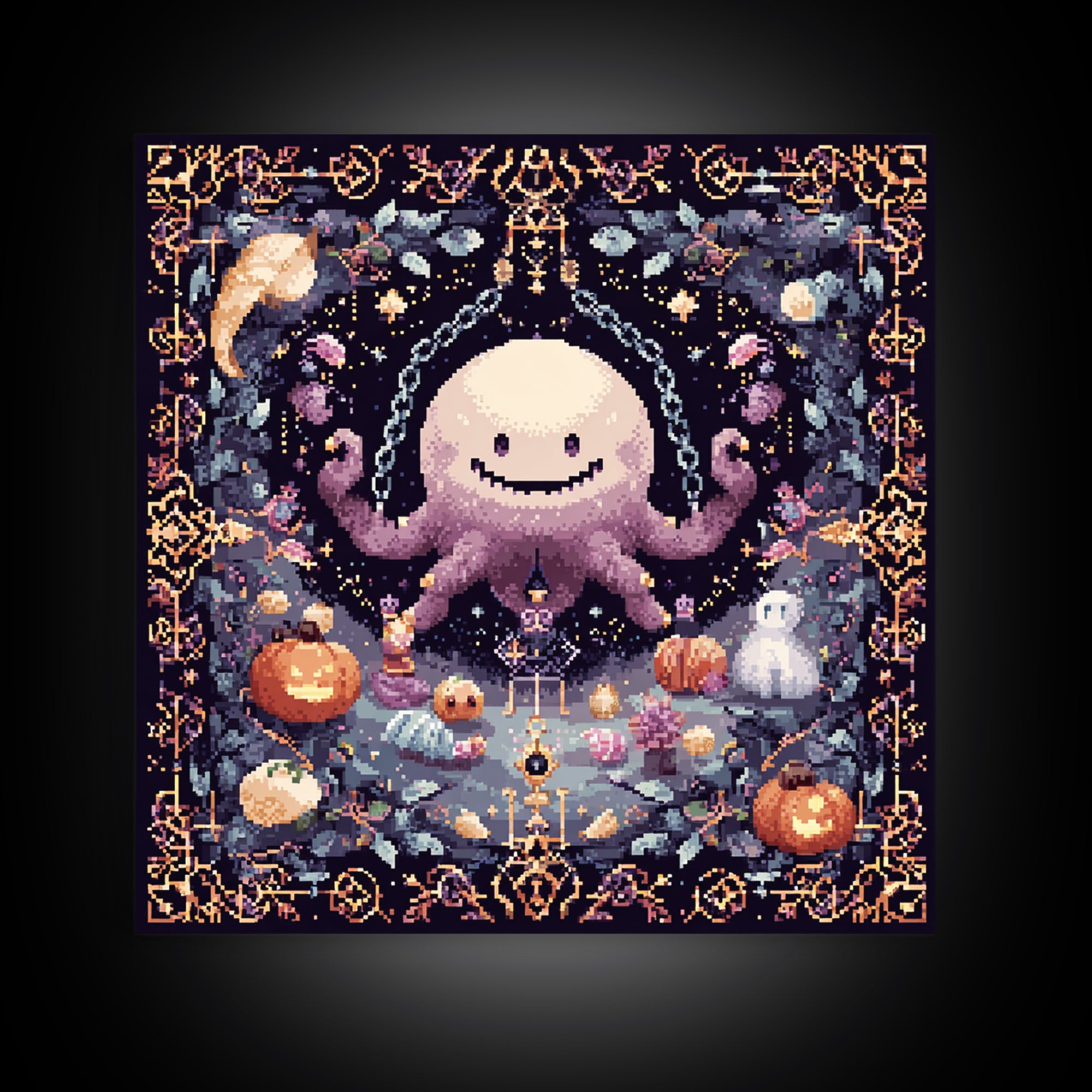 The Moonlit Shoggoth Menagerie, Pixel Halloween Art, Square Wall Art, Canvas Print, Cute Halloween Wall Art