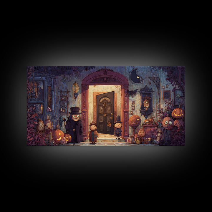 The Thirteenth Door Of Arkham House, Vector Halloween Art, Wide Panoramic Art, Framed Canvas Print, Cute Halloween Wall Art
