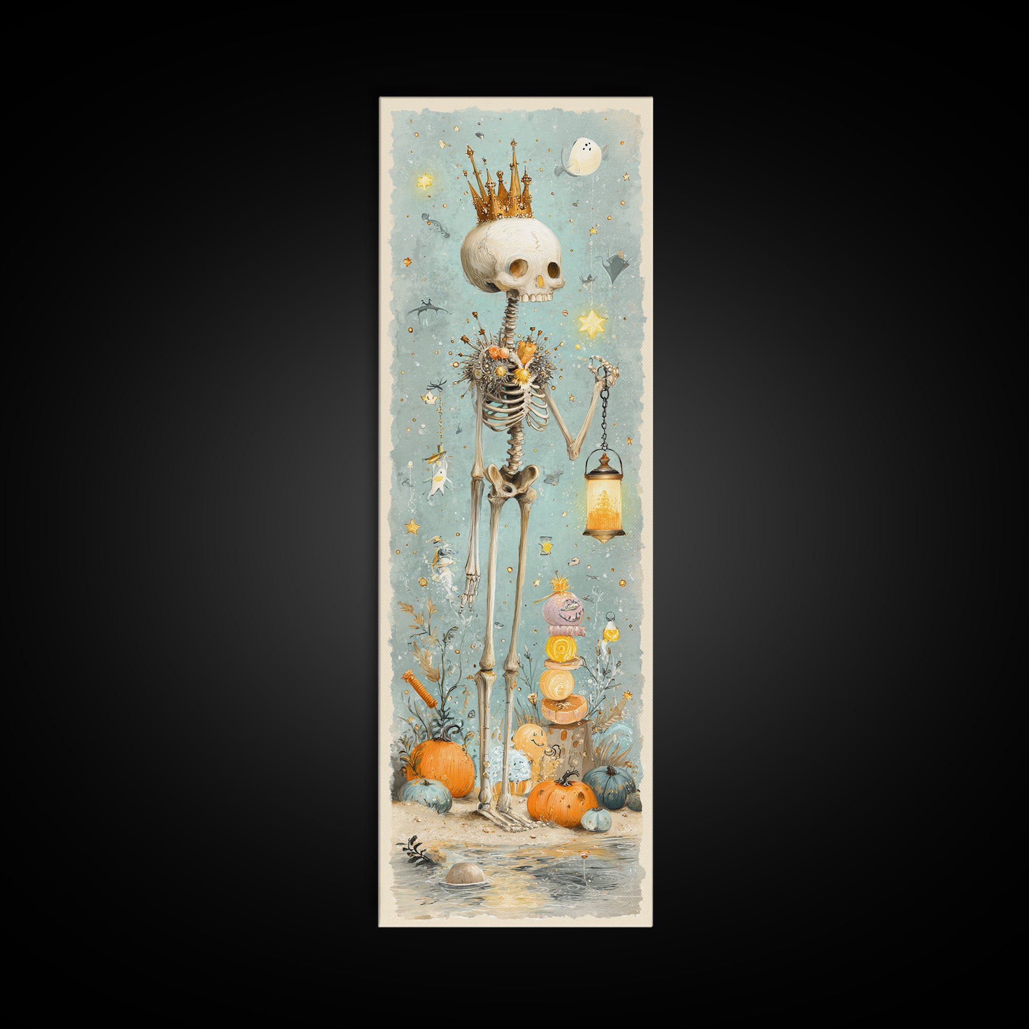 The Salt King Of The Black Shore, Watercolor Halloween Art, Tall Narrow Wall Art, Framed Canvas Print, Cute Halloween Wall Art