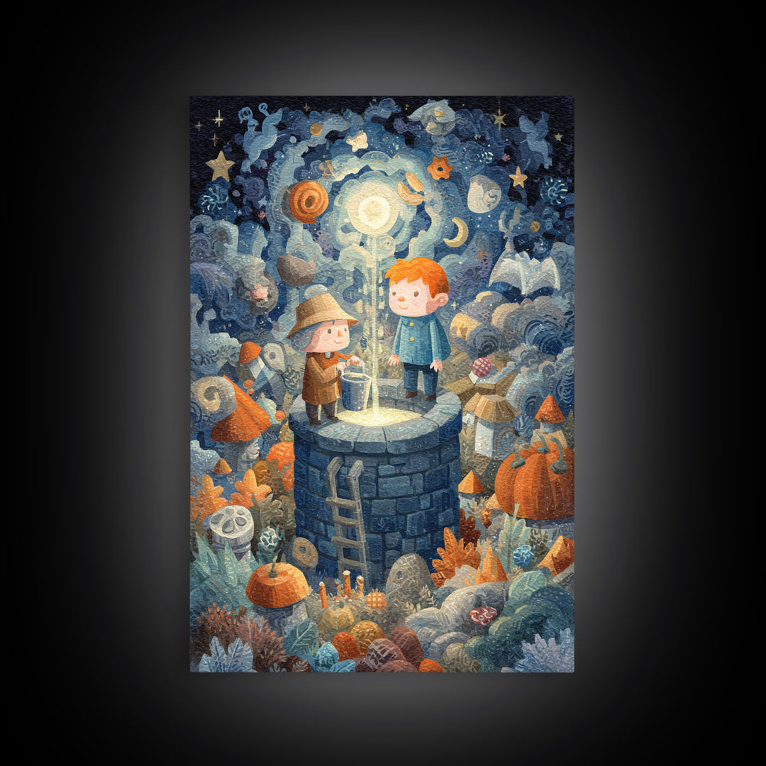 The Dreamwell Beneath Miskatonic, Gouache Halloween Art, Vertical Wall Art, Canvas Print, Cute Halloween Wall Art