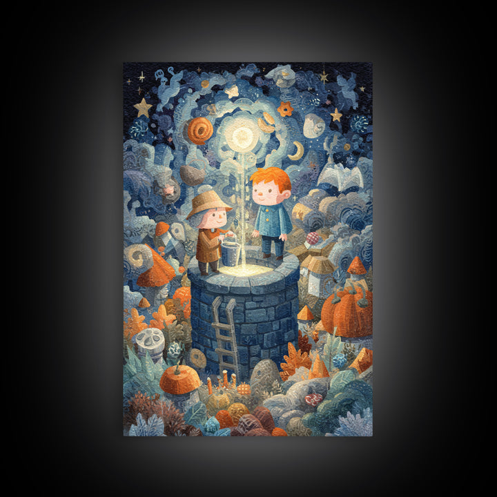 The Dreamwell Beneath Miskatonic, Gouache Halloween Art, Vertical Wall Art, Canvas Print, Cute Halloween Wall Art