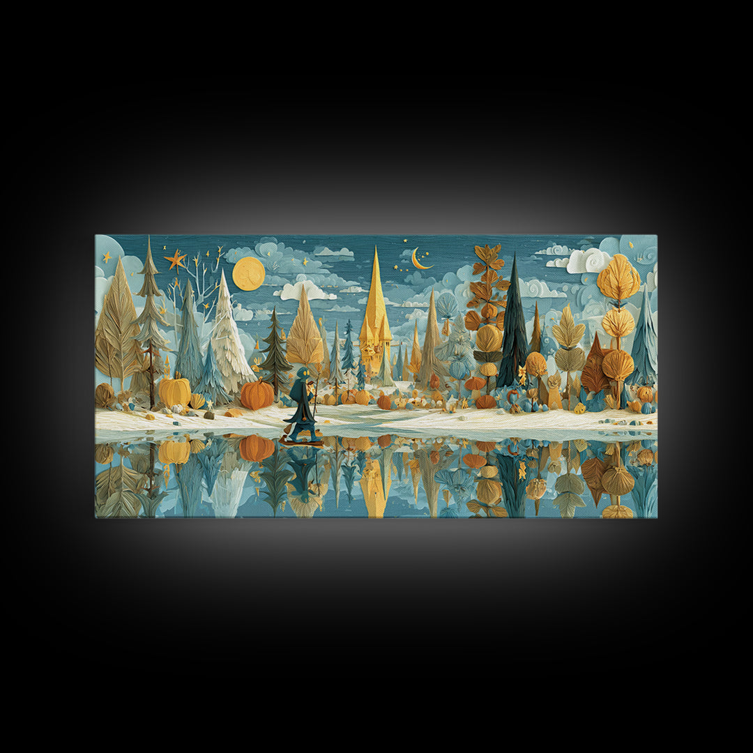 The Frost Beyond Carcosa, Paper Collage Halloween, Wide Panoramic Art, Framed Canvas Print, Cute Halloween Wall Art