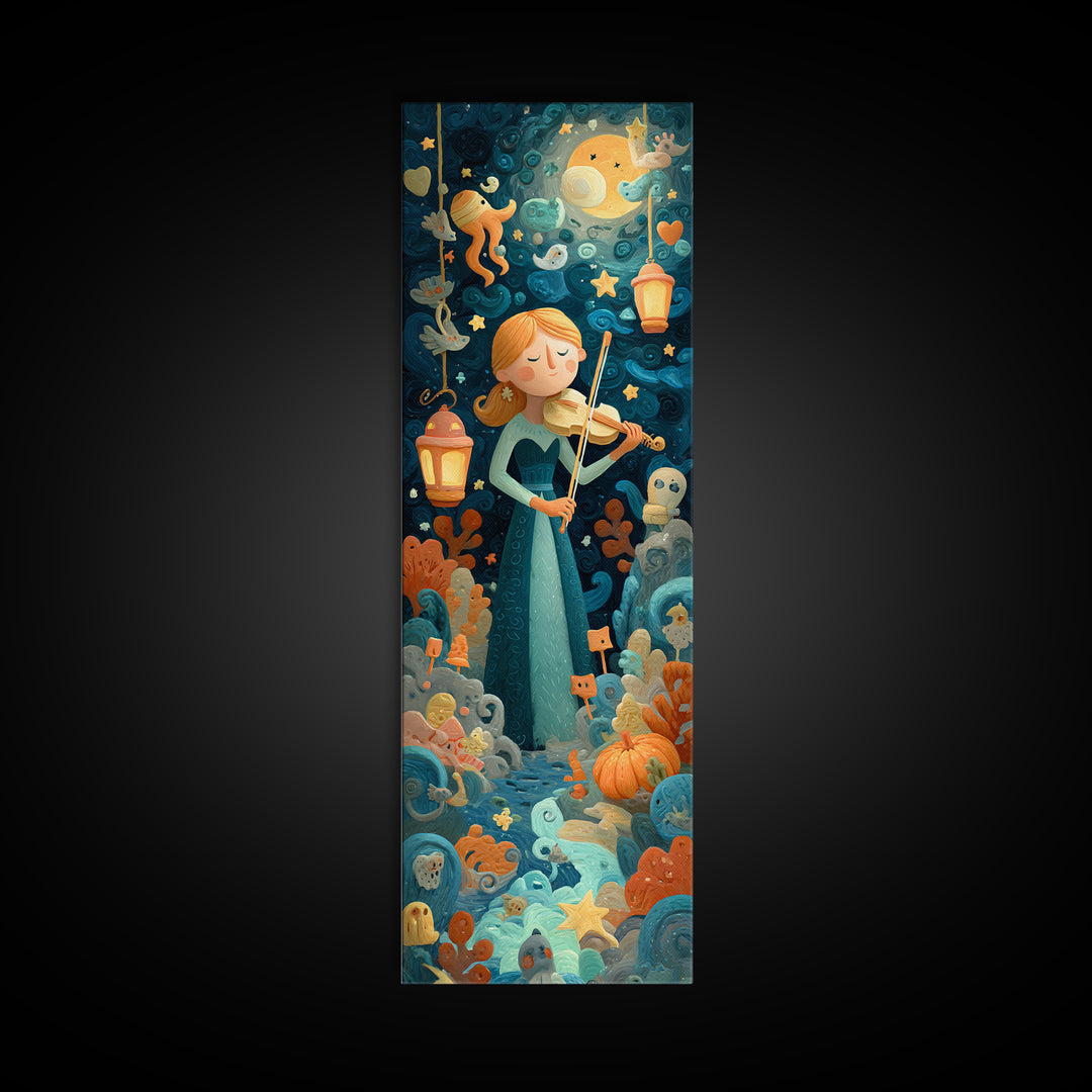 The Violinist Of The Drowned Moon, Clay Halloween Art, Tall Narrow Wall Art, Framed Canvas Print, Cute Halloween Wall Art