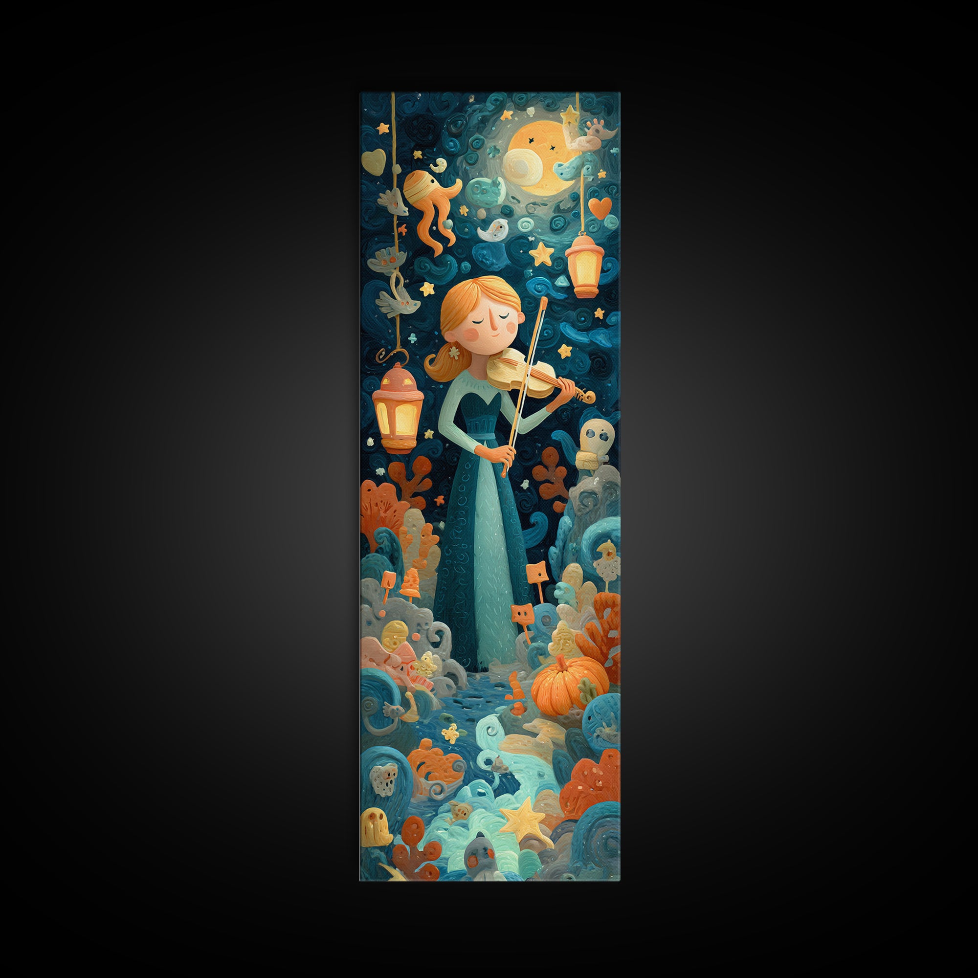 The Violinist Of The Drowned Moon, Clay Halloween Art, Tall Narrow Wall Art, Framed Canvas Print, Cute Halloween Wall Art
