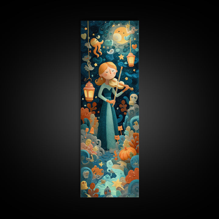 The Violinist Of The Drowned Moon, Clay Halloween Art, Tall Narrow Wall Art, Framed Canvas Print, Cute Halloween Wall Art