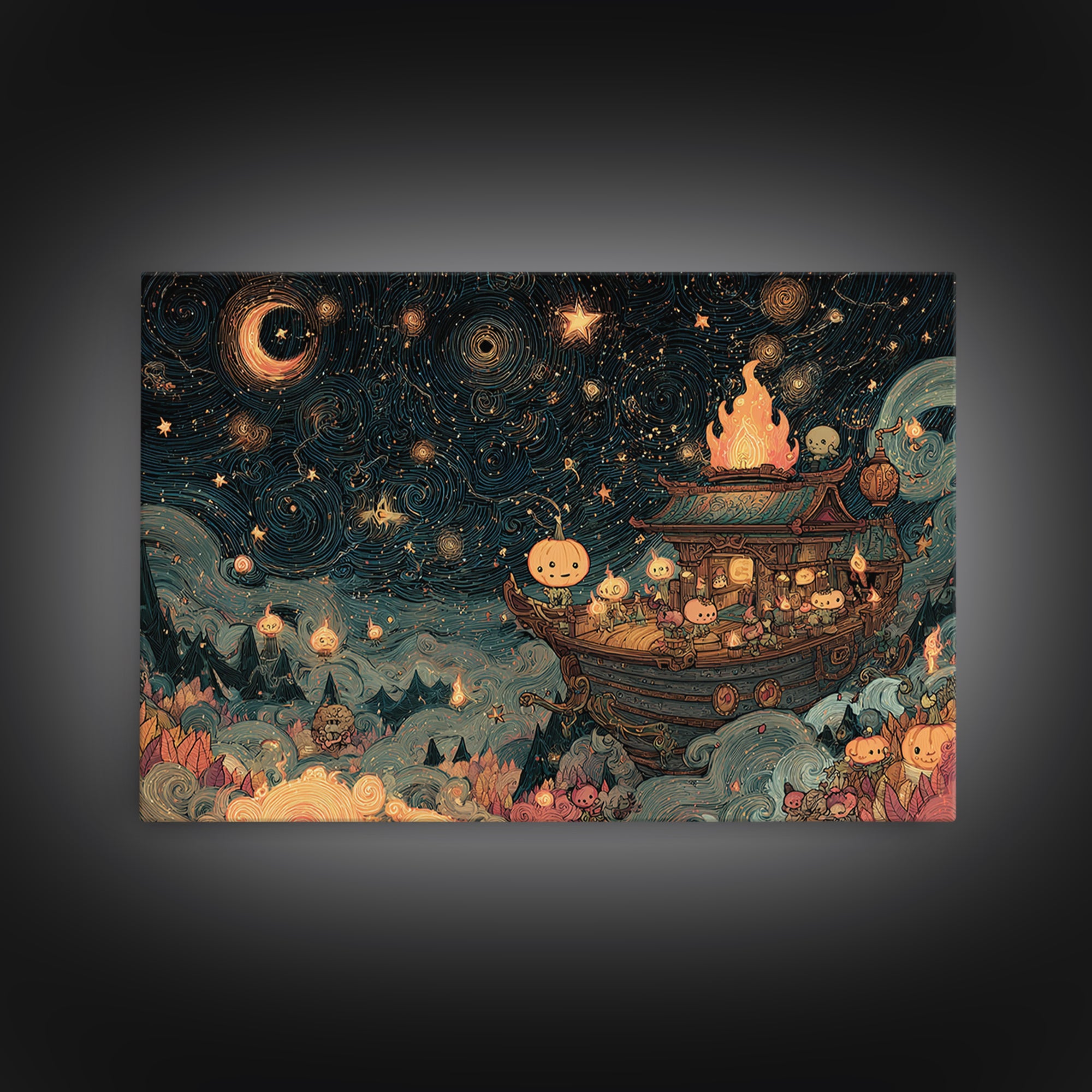 The Candelit Ark Of Forgotten Stars, Kawaii Halloween Art, Landscape Wall Art, Framed Canvas Print, Cute Halloween Wall Art