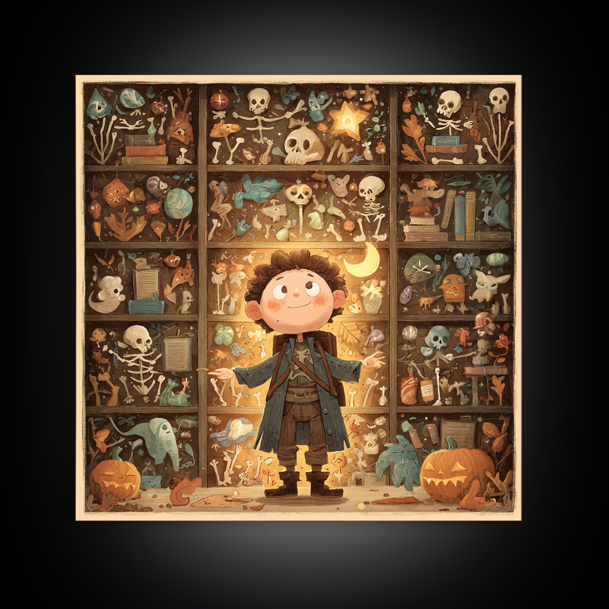 The Archivist Of Dreaming Bones, Retro Halloween Art, Square Wall Art, Canvas Print, Cute Halloween Wall Art
