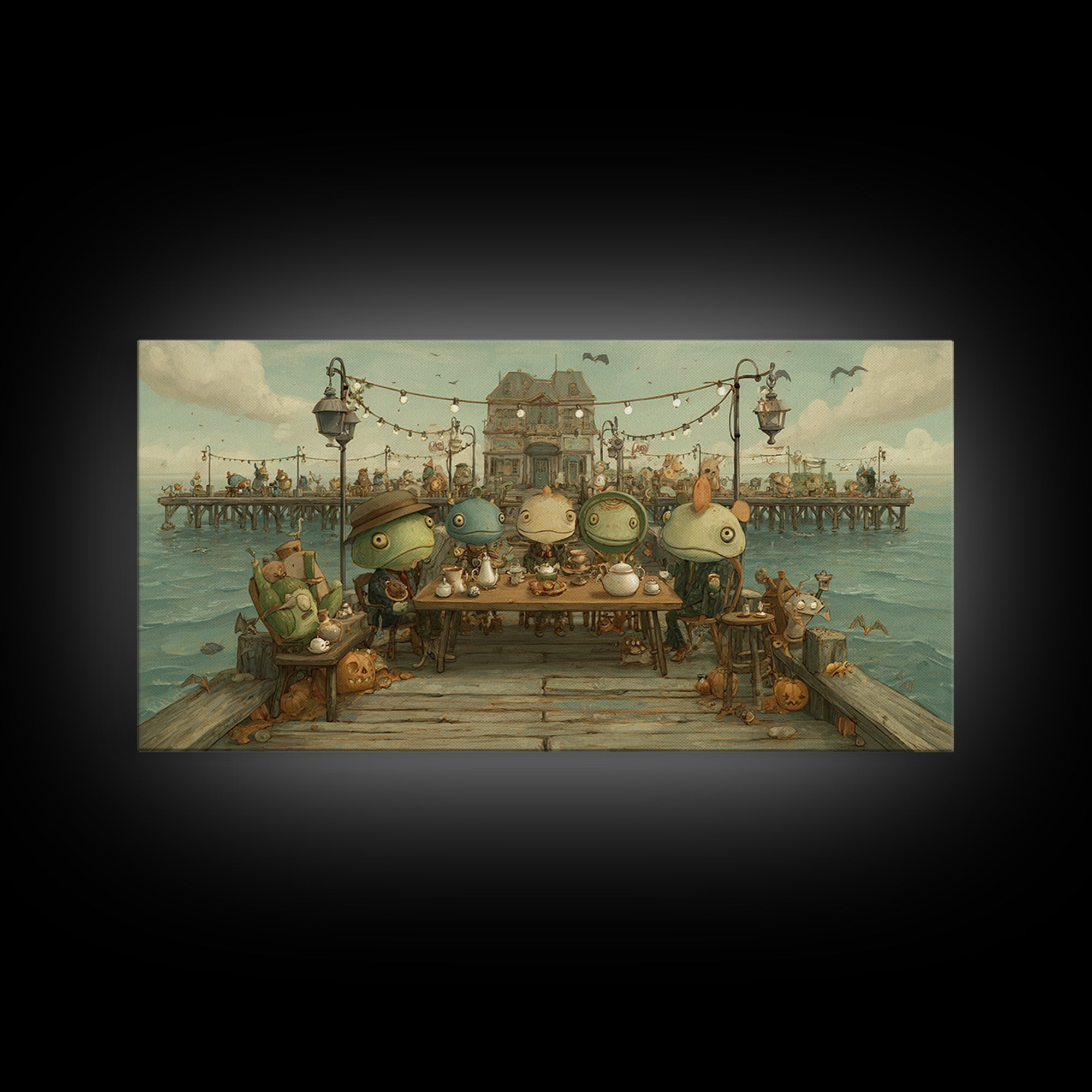 The Tea Party At Innsmouth Pier, Screenprint Halloween Art, Wide Panoramic Art, Framed Canvas Print, Cute Halloween Wall Art