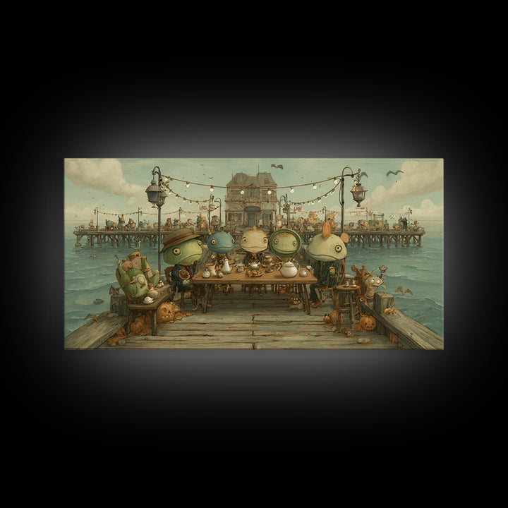 The Tea Party At Innsmouth Pier, Screenprint Halloween Art, Wide Panoramic Art, Framed Canvas Print, Cute Halloween Wall Art