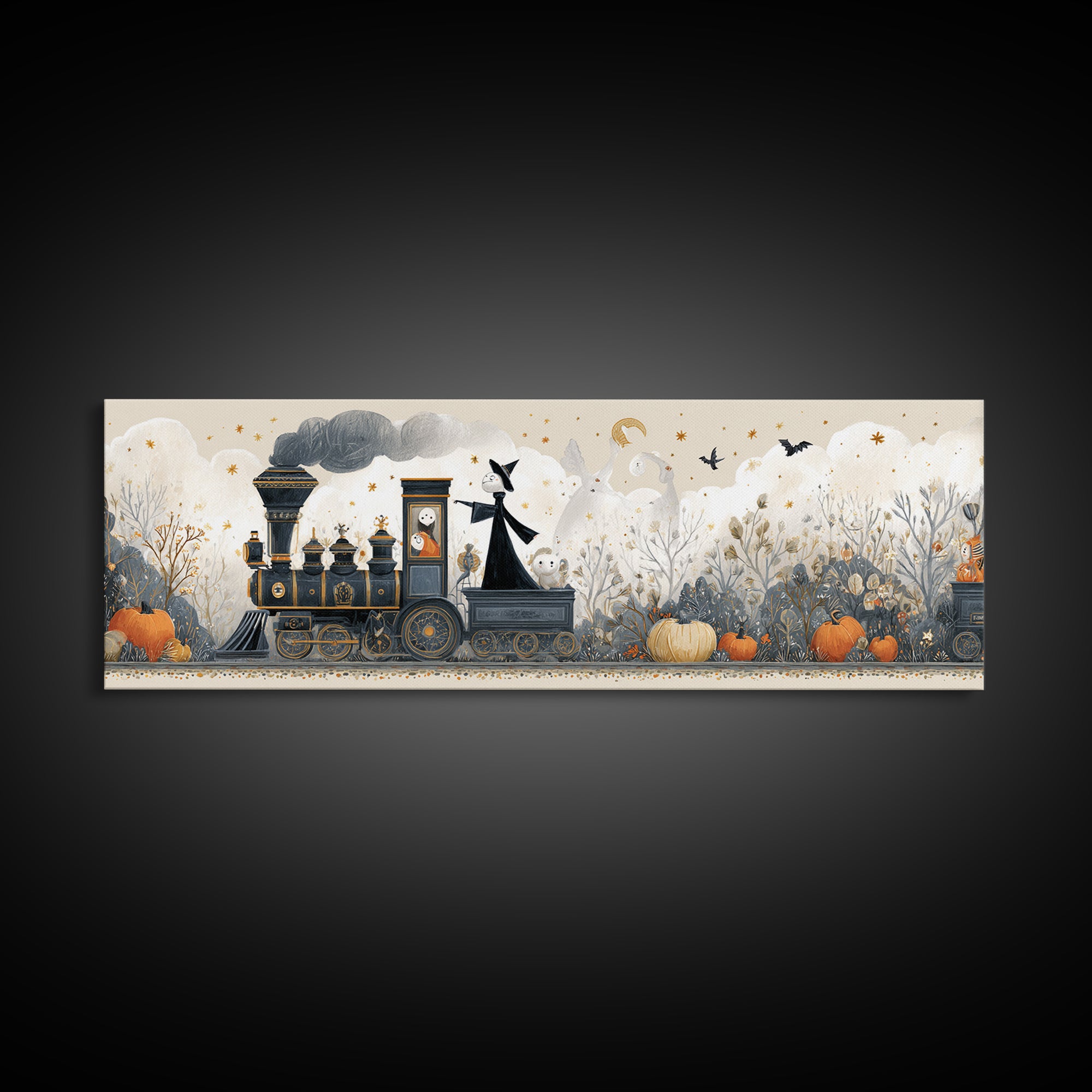 The Phantom Train To Kadath, Folk Halloween Art, Extra Wide Wall Art, Canvas Print, Cute Halloween Wall Art