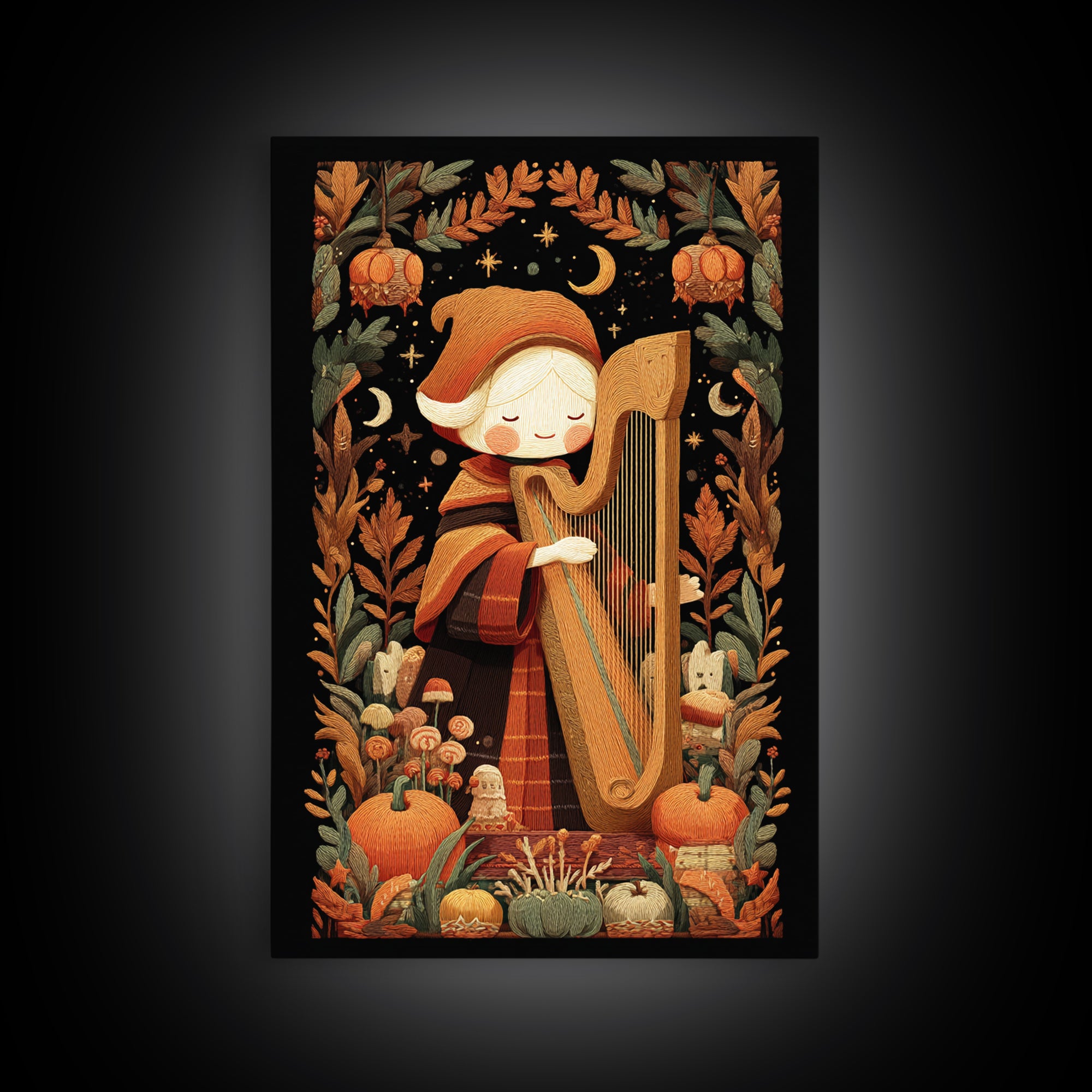 The Harpist Of Abyssal Sleep, Embroidered Halloween Art, Vertical Wall Art, Canvas Print, Cute Halloween Wall Art