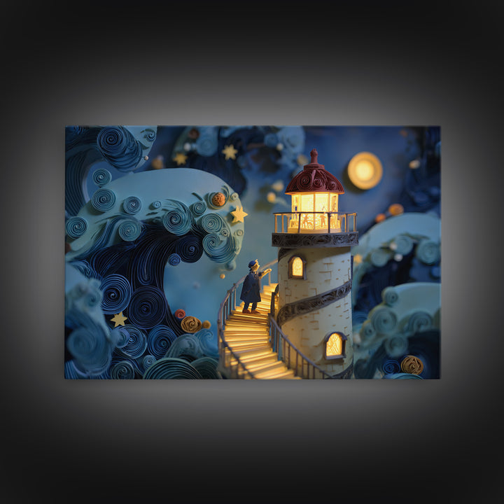 The Last Lighthouse Of Y’Ha-Nthlei, Quilled Halloween Art, Landscape Wall Art, Framed Canvas Print, Cute Halloween Wall Art