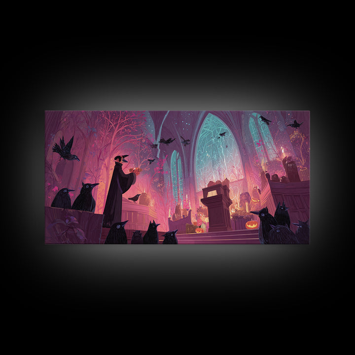 The Raven Sermon Of Leng, Vaporwave Halloween Art, Wide Panoramic Art, Framed Canvas Print, Cute Halloween Wall Art