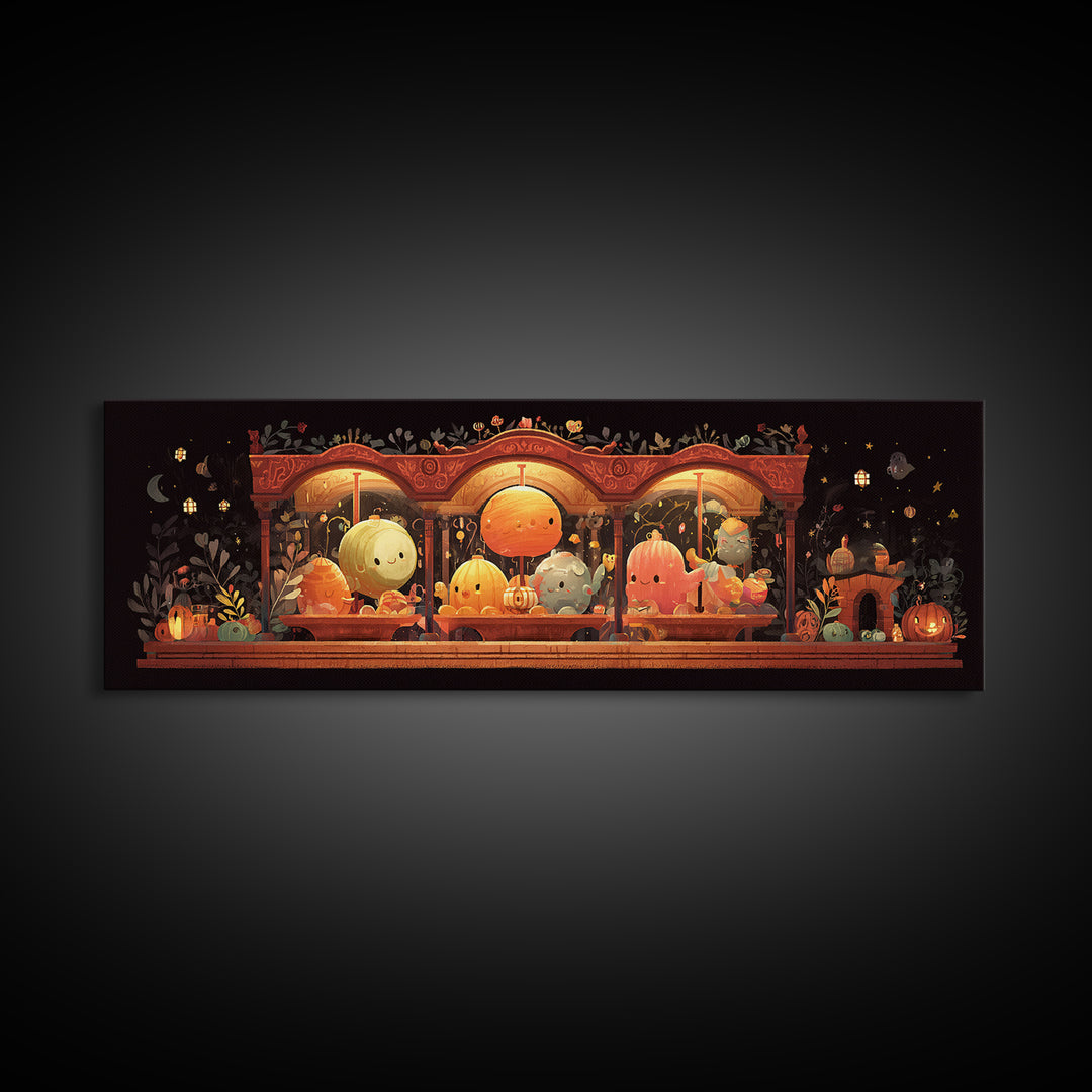 The Carousel Of Sleeping Planets, Pixel Halloween Art, Extra Wide Wall Art, Canvas Print, Cute Halloween Wall Art
