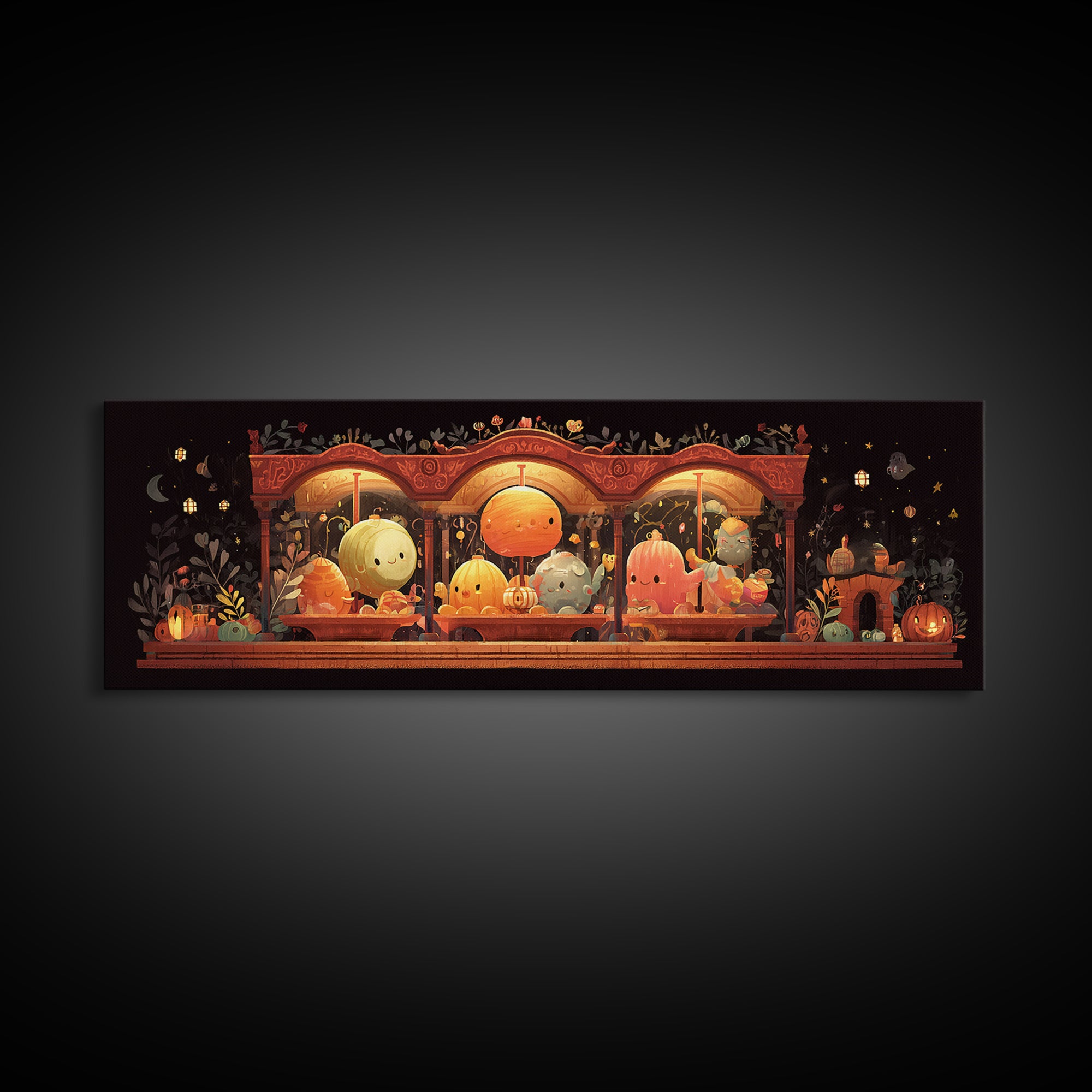 The Carousel Of Sleeping Planets, Pixel Halloween Art, Extra Wide Wall Art, Canvas Print, Cute Halloween Wall Art