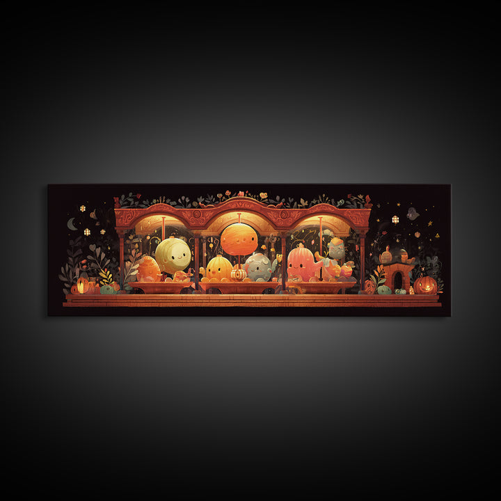 The Carousel Of Sleeping Planets, Pixel Halloween Art, Extra Wide Wall Art, Canvas Print, Cute Halloween Wall Art