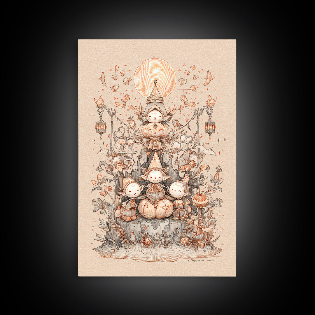 The Festival Of The Little Old Ones, Hand Sketch Halloween Art, Vertical Wall Art, Canvas Print, Cute Halloween Wall Art