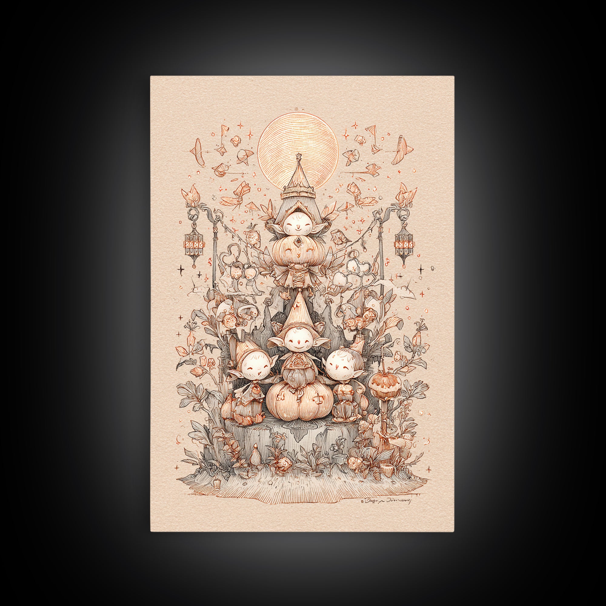 The Festival Of The Little Old Ones, Hand Sketch Halloween Art, Vertical Wall Art, Canvas Print, Cute Halloween Wall Art