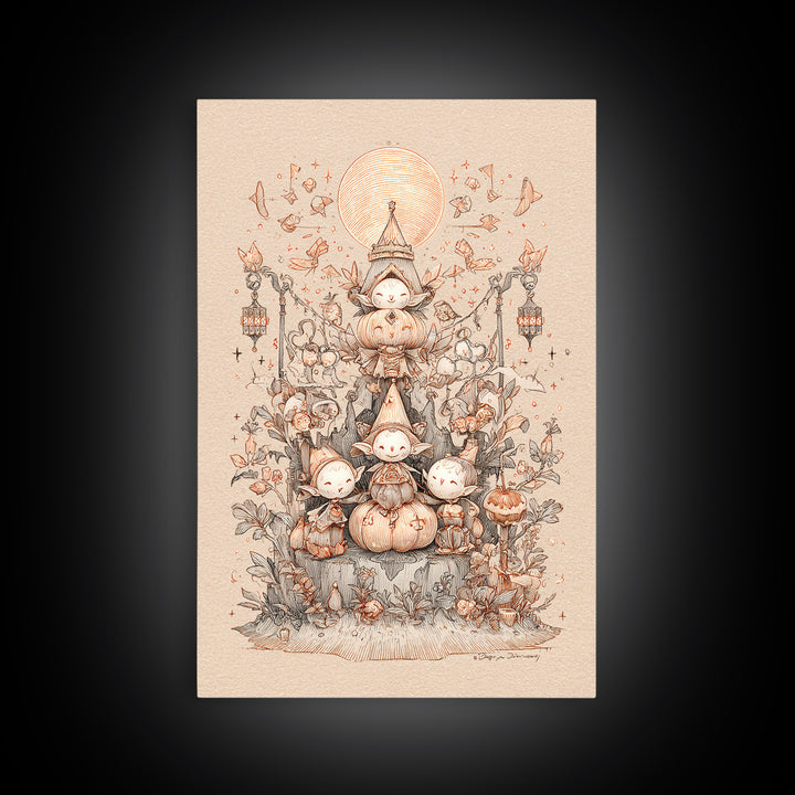 The Festival Of The Little Old Ones, Hand Sketch Halloween Art, Vertical Wall Art, Canvas Print, Cute Halloween Wall Art